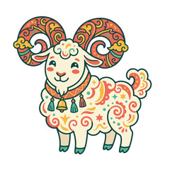 Fototapeta premium Chinese New Year 2027 zodiac ram mascot. Festive sheep character with decorated horns and collar bell. Cartoon illustration isolated on white background