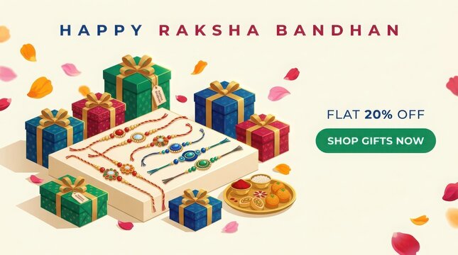 Creative raksha bandhan promotion with colorful gift boxes decorative rakhis and traditional indian sweets on light bg.