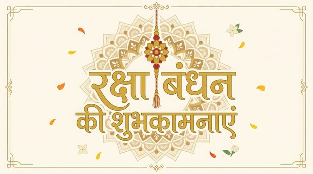 Traditional hindi greeting raksha bandhan ki shubhkamnaye on light vintage background with circular mandala and flowers.