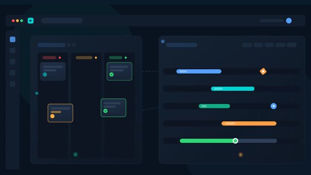 Animated project management dashboard with kanban board and gantt chart interface.