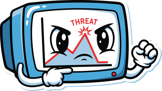 Cute smiling computer monitor warning mascot vector illustration isolated on white background for cybersecurity, threat detection and digital safety