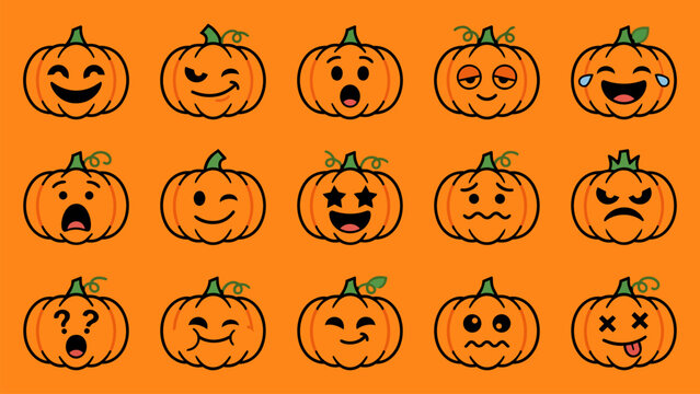 Set of fifteen pumpkin faces expressing diverse emotions for seasonal autumn holiday festive