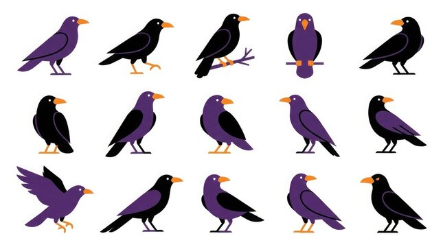 Set of various black crow bird illustrations in different poses isolated on a white background for design projects