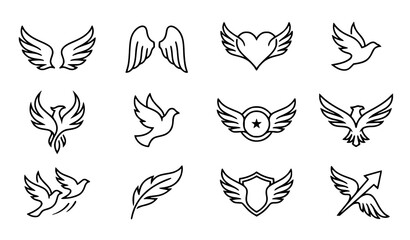 Obraz premium Decorative Angel Wings and Flying Bird Outline Icon Collection with Elegant Feather Designs
