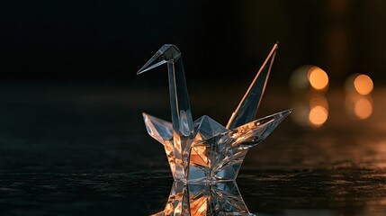 Obraz premium A clear, faceted origami crane sculpture reflects warm, blurred light on a dark surface