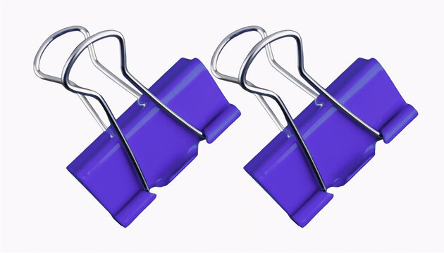 Two Purple Binder Clips Isolated on Clean White Background Stationery Equipment.