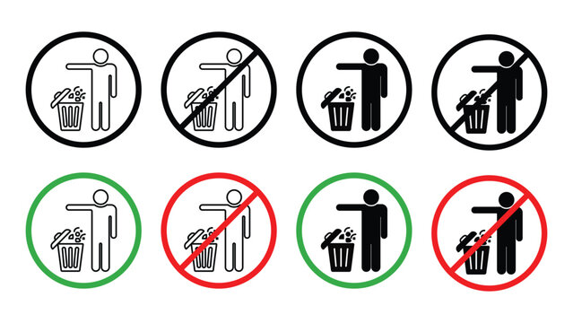 Do not litter sign icon set for environmental protection and proper waste disposal with prohibited