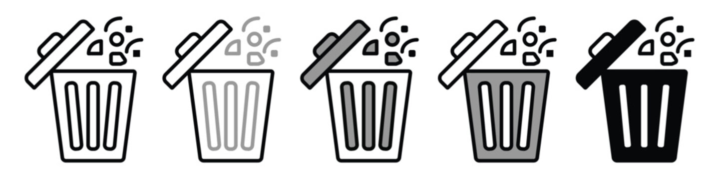 Trash can waste bin icon set for garbage disposal and recycling with cleaning disposal dumpster