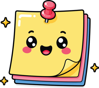 Cute smiling sticky notes cartoon mascot vector illustration isolated on white background for office organization, reminders and productivity designs