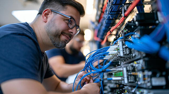Fiber optic nodes and quantum repeater hardware filling a server room where entanglement based network infrastructure is being installed, two technicians working in parallel, golden hour slanting th