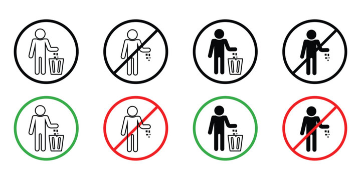 Trash disposal prohibited and permitted signs vector icon set with disposal prohibited permitted