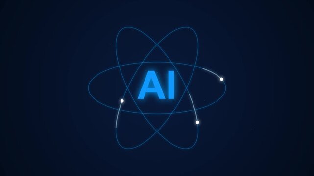 AI atom orbit design glowing on dark blue background, representing artificial intelligence, science, technology, and molecular research motion graphic.