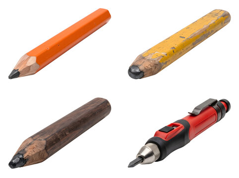 Drawing instruments set including wooden carpenter pencils and precision marking tool with metal tip on transparent background for woodworking sketching and engineering.