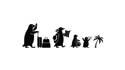 Silhouette set of a penguin family on tropical vacation with luggage and palm tree silhouette vacation tropical wildlife © Sadia