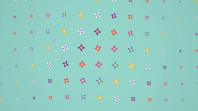 Colorful abstract icon pattern scattered on teal background, representing playful design, creative texture, and decorative motion graphic overlay.