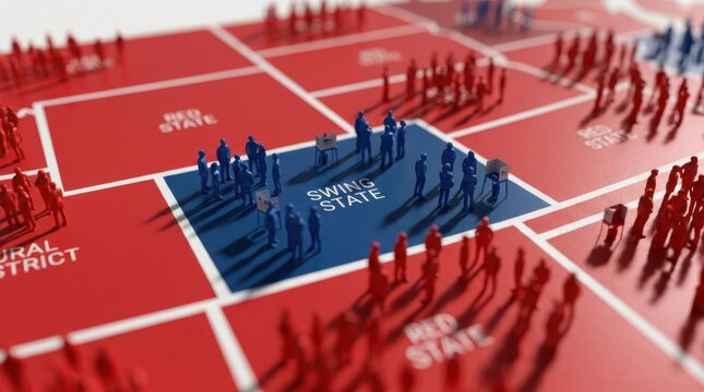 Concept of swing state in political elections shown through red and blue miniature figures on regional map.