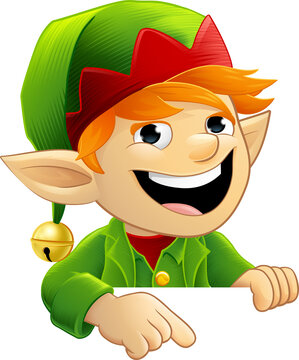 Christmas elf Santa Claus helper cartoon character peeking around a sign illustration