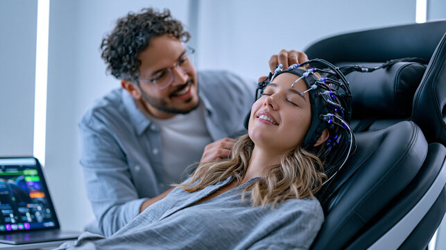 Neurotech startup engineer calibrating wearable EEG band on test subject seated in ergonomic recliner, signal quality readout displayed on nearby tablet, brain-computer interface usability trial, mi