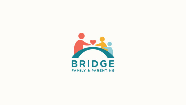 Family and parenting bridge symbol logo design featuring human silhouettes and a heart parenting community silhouettes