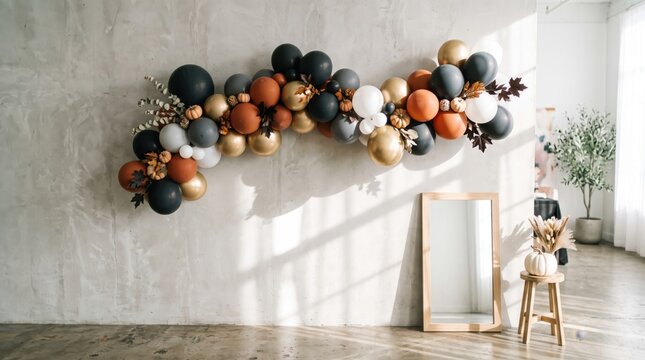 Stylish balloon arrangements featuring gold black and orange hues in a vibrant studio environment
