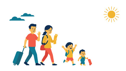 Fototapeta premium Happy family walking with suitcases on summer vacation trip vacation children suitcase adventure together traveler