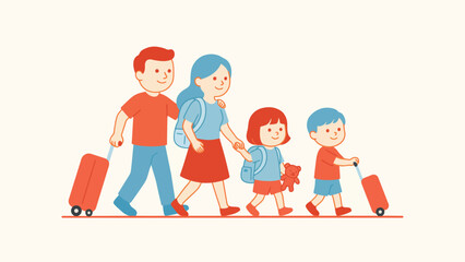 Fototapeta premium Cartoon family traveling together with luggage on vacation suitcase children together illustration traveling