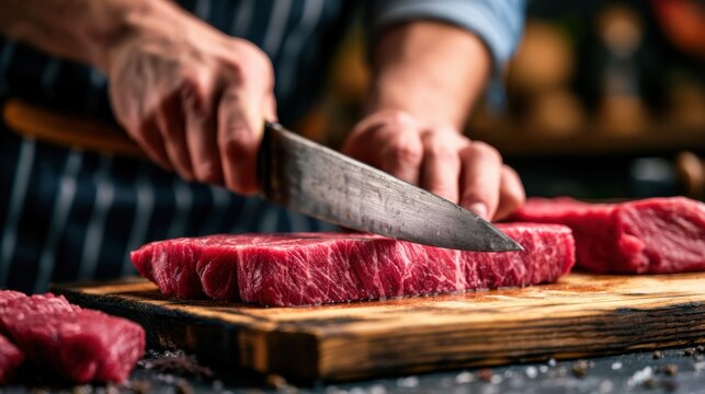 Packaged Beef Chef slicing raw beef steak on wooden cutting board with sharp knife in kitchen setting