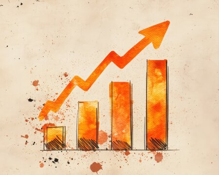 Watercolor financial performance concept featuring glossy rising bar columns dynamic orange arrow minimalist business presentation and inspiring economic expansion on textured paper.