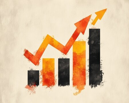 Watercolor financial performance concept featuring glossy rising bar columns dynamic orange arrow minimalist business presentation and inspiring economic expansion on textured paper.