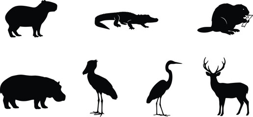 Animal Silhouette Collection Featuring Capybara Alligator Beaver Hippopotamus Shoebill Heron and Deer © MDSAMEUL