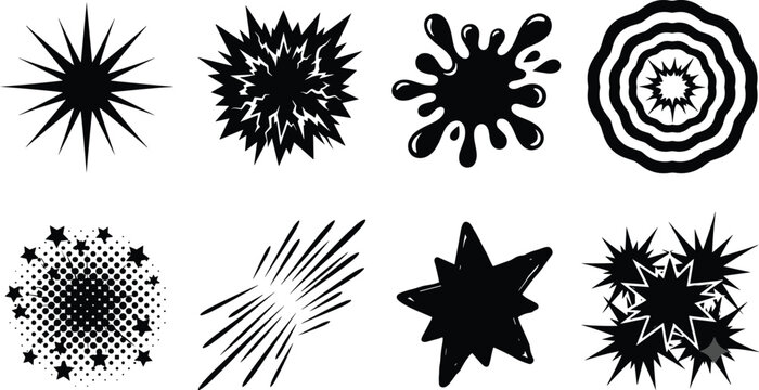 Abstract Explosion Burst Silhouette Collection with Comic Impact Energy and Splash Vector Designs