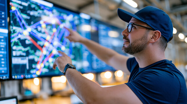 Quantum logistics route optimization map spanning a warehouse operations wall display, supply chain manager gesturing at intersecting delivery corridors, golden hour backlight from loading dock door