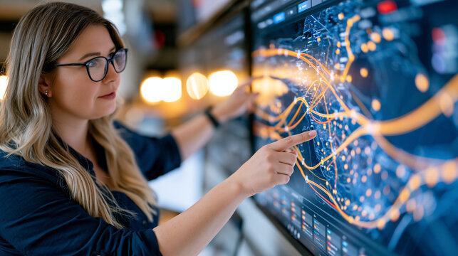 Quantum logistics route optimization map spanning a warehouse operations wall display, supply chain manager gesturing at intersecting delivery corridors, golden hour backlight from loading dock door