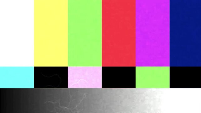 old television test pattern featuring classic color bars and a detailed grayscale gradient, signifying broadcast signal status or video calibration on a screen. transmission