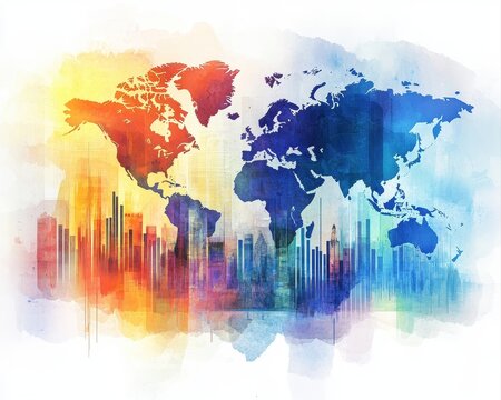Watercolor financial success concept featuring elegant business charts abstract world continents dynamic trend lines vivid investment colors and soft artistic splashes.