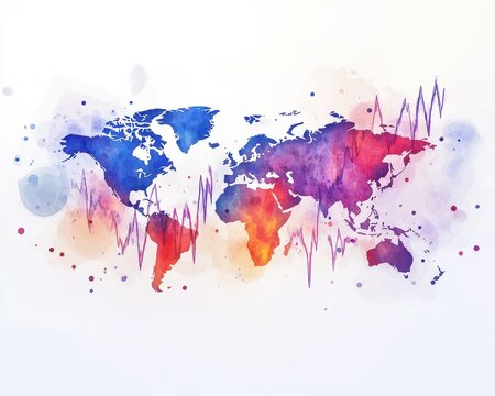 Watercolor financial success concept featuring elegant business charts abstract world continents dynamic trend lines vivid investment colors and soft artistic splashes.