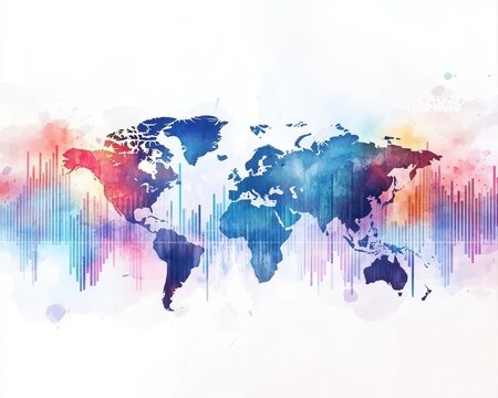 Watercolor financial success concept featuring elegant business charts abstract world continents dynamic trend lines vivid investment colors and soft artistic splashes.