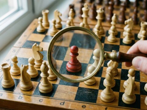 Magnifying glass highlighting red pawn on chessboard.