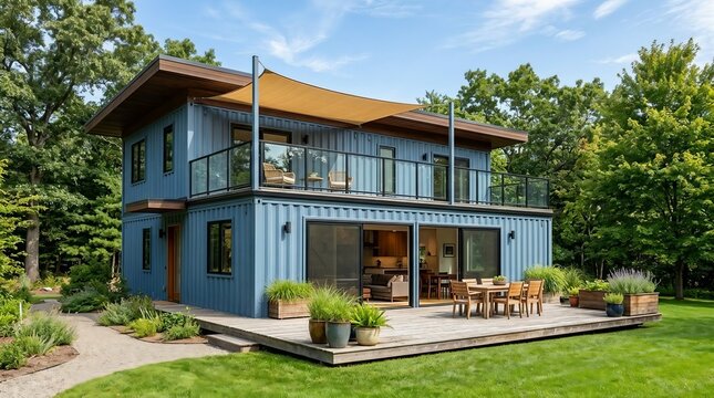 Modern shipping container house with blue exterior glass balcony wooden deck and sustainable design