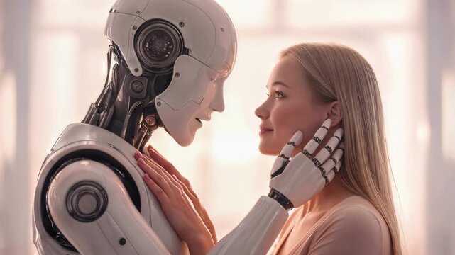 Advanced humanoid robot touching face of young woman. Concept of emotional connection between artificial intelligence and humans. Close-up panning shot.