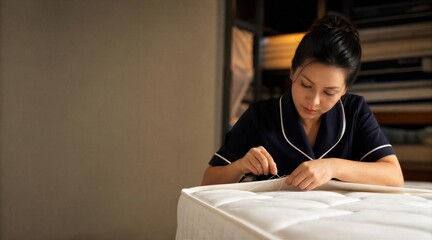 Obraz premium Woman hand stitching mattress edge in workshop