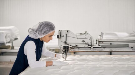 Obraz premium Factory worker quilting mattress on industrial sewing machine
