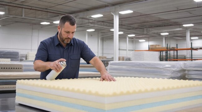 Worker spraying adhesive on foam mattress in factory