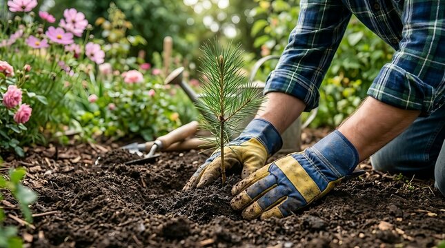 Tree planting environmental care photo with gardener gloves pine seedling soil flowers and watering can