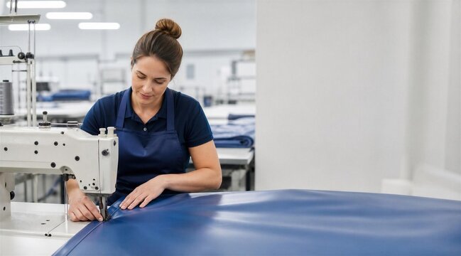 Female upholsterer sewing blue material in workshop