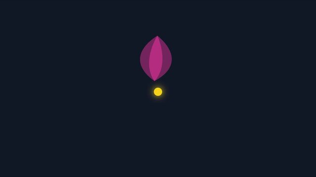 Minimalist abstract motion with purple leaf shape and glowing yellow dot on dark animation 4k background