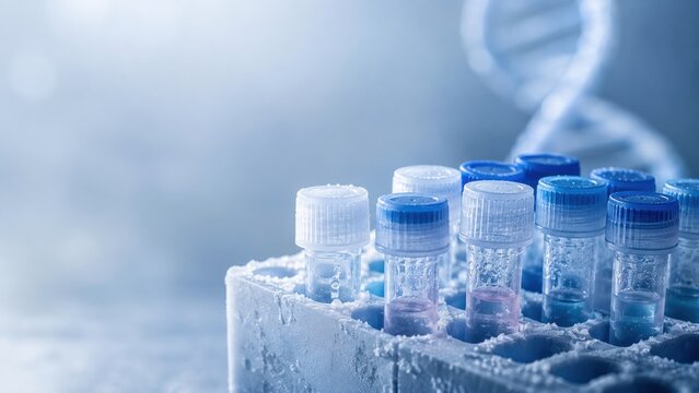 Test tubes with blue and white caps in a frosty lab container, with a blurred DNA double helix in the background.
