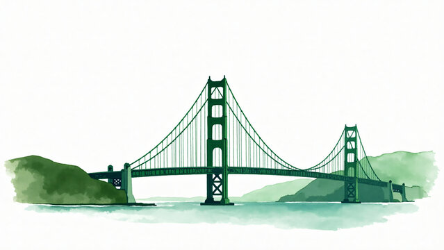 Watercolor illustration of the Golden Gate Bridge in vibrant green tones on a clean white background