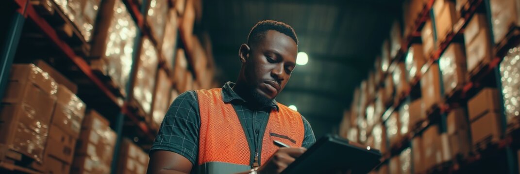 Warehouse worker checking inventory list on tablet in industrial warehouse. Adult male worker focused on task, surrounded by rows of cardboard boxes on shelf