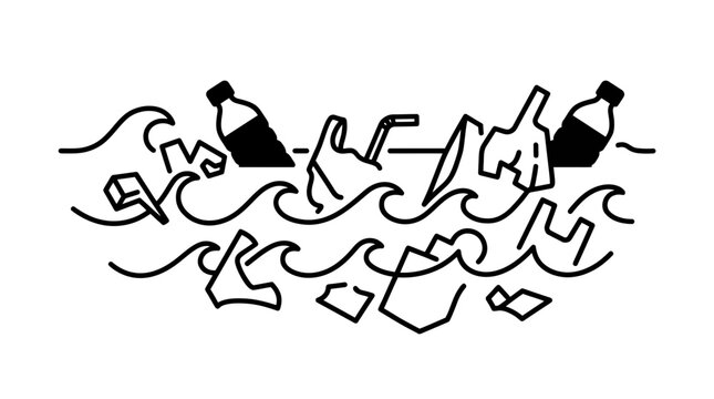 Ocean Pollution: Plastic Waste Floating in Wavy Water, Environmental Concept